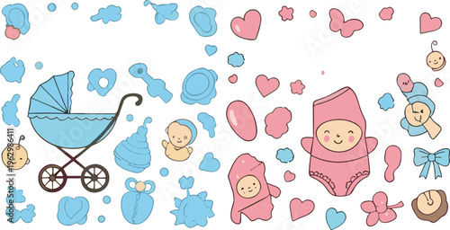 Cute Baby Cartoon Vector Set with Newborn Characters Stroller Hearts Toys and Nursery Elements in Soft Pastel Colors for Kids Design