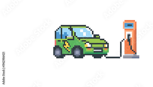 Electric Vehicle EV Charging Station Pixel Art Illustration