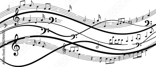Flowing musical staff with notes and clefs in dynamic wave composition, flat vector illustration for melody rhythm sound and audio design