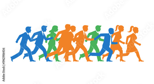 Running people silhouettes in various colors on white background for business concepts