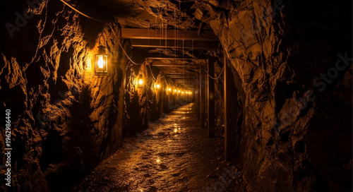 Illuminated Tunnel - A Glimpse into the Depths of an Underground Mine.