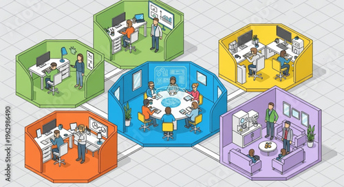 Isometric Office Layout - Collaborative Workspaces and Team Meeting Hub.