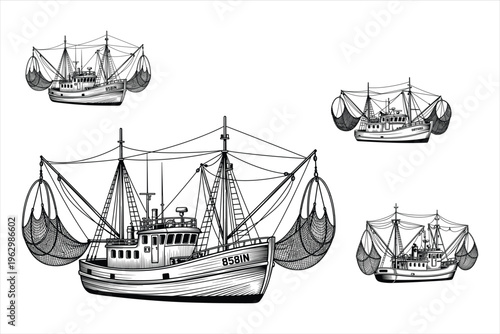 Fishing boat with net vintage sketch of ship