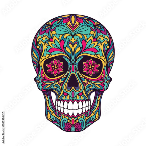 A vibrant, detailed, ornate skull illustration with floral patterns