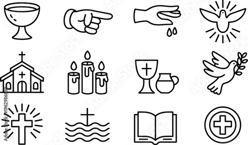 Twelve black-and-white Christian religious icons featuring chalice, dove, cross, Bible, baptism, church, and candles, symbolizing faith, worship, Holy Spirit, and sacraments.