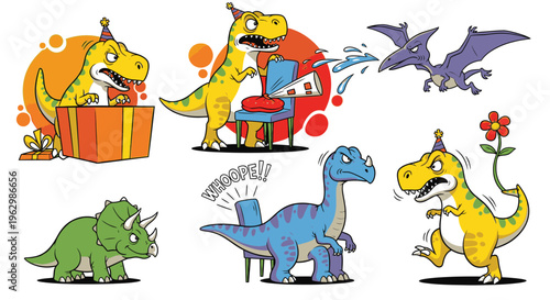 Colorful cartoon dinosaurs playing and interacting in various fun activities against a clean white background with a joyful and playful mood.