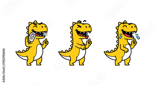 Three cartoon dinosaurs brushing teeth with toothbrushes in a simple, colorful illustration on a white background.