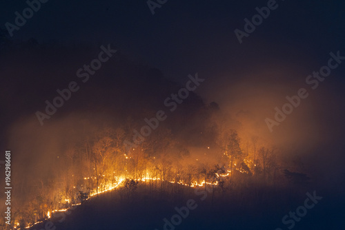 Terrifying night wildfire burning mountain forest in Thailand creating heavy smoke and bright flame causing dramatic ecological disaster and severe environmental destruction in darkness