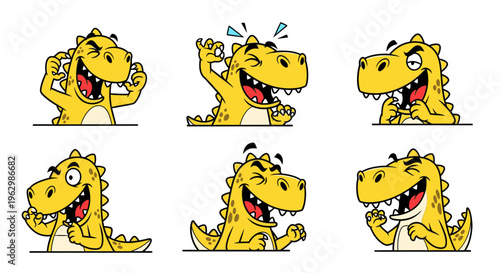 A set of six cartoon dinosaurs displaying various emotions on a white background with a playful mood.