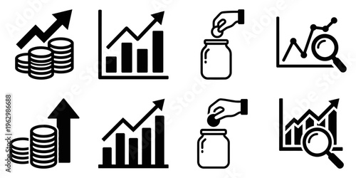Financial growth icons and business data analysis symbols including stacked coins | rising graph charts and money saving jars | black flat vector set