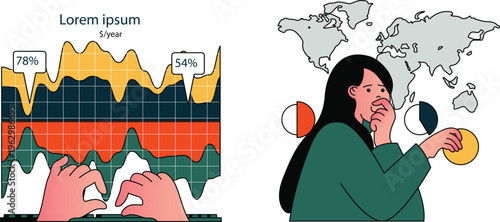 Person pondering colorful charts and global data visualizations with a thoughtful expression and maps in background