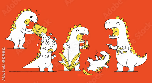 A group of white cartoon dinosaurs with yellow spikes playing with colorful building blocks on a red background.