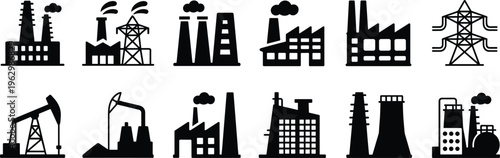 Twelve black silhouette industrial icons featuring factories, oil rigs, power plants, cooling towers, and transmission towers, symbolizing energy production, infrastructure, pollution, 