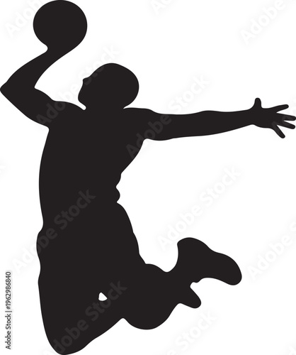 A stylized silhouette of a basketball player in a jump shot pose, vector illustration