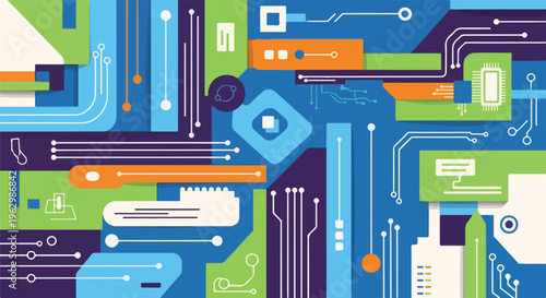 A vibrant abstract illustration featuring a colorful circuit board design