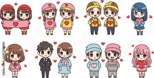 Cute Couple Characters Love Set with Kawaii Boys Girls Holding Hearts Romantic Cartoon Flat Vector Illustration