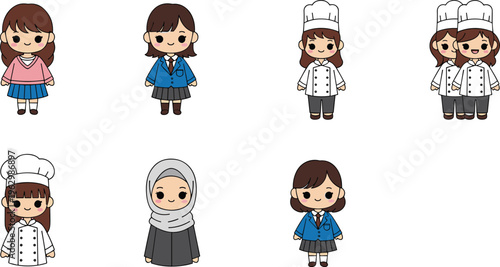 Cute Girls Characters Set with School Uniform Chef Outfit and Casual Style Kawaii Cartoon Flat Vector Illustration