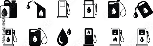 Twelve black-and-white fuel and oil icons featuring gas pumps, containers, oil drops, flames, and pouring fuel, symbolizing energy, refueling, petroleum, and flammability concepts.