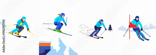 Set of four stylized flat vector illustrations depicting various alpine skiers in action across a snowy mountain landscape.