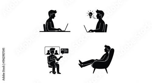 Black silhouette vector graphic illustration depicting various stages of freelance work and remote productivity concepts