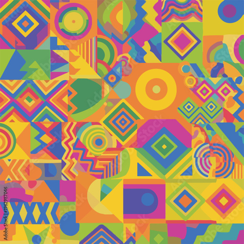 A vibrant abstract mosaic, composed of geometric shapes in bright hues
