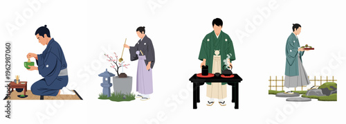 Traditional Japanese tea ceremony illustrations showing men in kimono preparing matcha, using a water basin, and serving sweets in a garden setting.