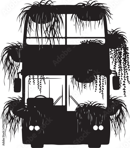 Black silhouette double decker bus with hanging plants
