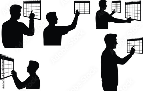 Five silhouettes of people interacting with wall calendars, symbolizing scheduling, planning, time management, event organization, productivity, and marking important dates in daily life.