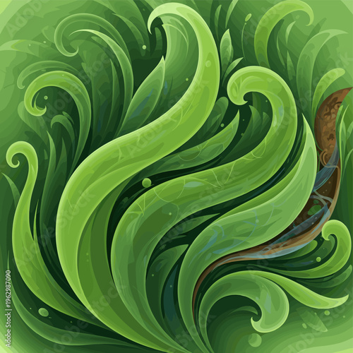 Vibrant green flowing organic shapes creating an abstract natural pattern with a hint of earthy tones.