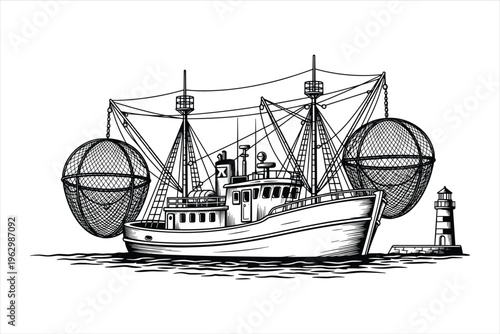 Fishing Boats Vector Art with net