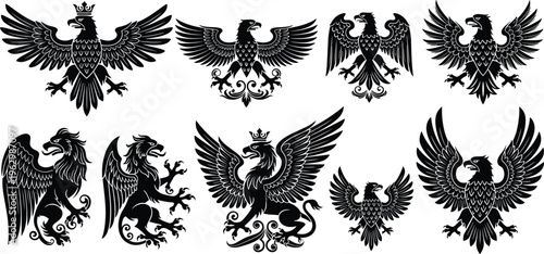 Heraldic eagle and griffin vector set, winged creatures emblems, medieval royal symbols for crest, badge, logo, tattoo design