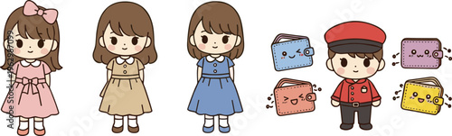 Cute Kids Character Vector Set with Little Girl Dresses Delivery Boy and Cartoon Wallet Icons Kawaii Illustration Collection for Children Design