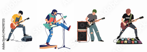 Flat illustration set of young diverse musicians performing with electric guitars, amplifiers, and microphones, capturing the energetic spirit of rock and roll music.