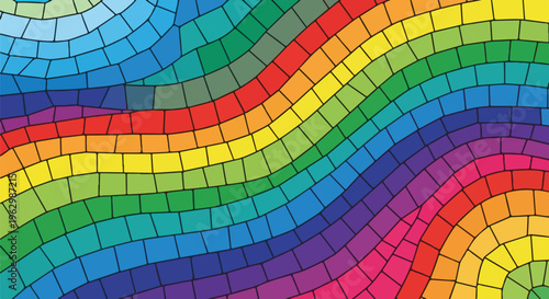 A vibrant, abstract mosaic of curved, colorful bands with dark outlines