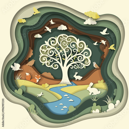 Whimsical paper-cut illustration of a vibrant forest scene with an ornate tree, flowing river, and various animals like birds, fox, and rabbits.