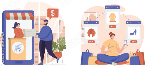 A person shopping online and another browsing an in-store app for purchasing various items and services