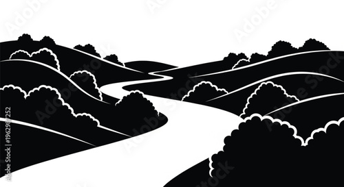 Black and white vector illustration of a mountain landscape featuring a grunge paint splash design with an atlas map and tree art for European travel and cartography