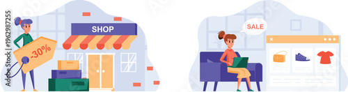 Two women shopping online and in-store during a big sale event with discounts and promotions everywhere