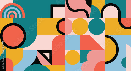 A vibrant abstract pattern composed of colorful geometric shapes and curves