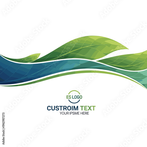 Fotografia Abstract green leaves and blue waves forming a dynamic, flowing design on a white background with a logo and text placeholder