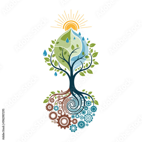 A stylized tree symbolizing the interconnectedness of nature and industry, with roots transforming into gears and the canopy representing water, earth, and sun.