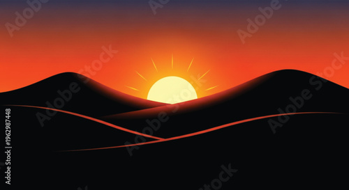 Golden sunlight glows over a vast desert landscape and distant mountain horizon under an orange dusk sky filled with abstract clouds