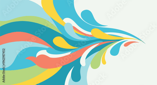 A vibrant, flowing abstract design of layered, colored shapes