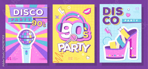 Set of retro colorful disco party posters, covers or banners of 80s-90s. Disco background. Flat design. Vector illustration