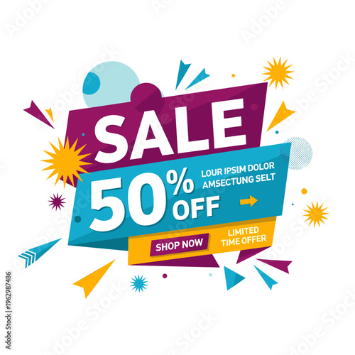 A vibrant, colorful sale banner with 50% off promotion, geometric shapes, stars, and a "shop now" button, indicating a limited time offer.