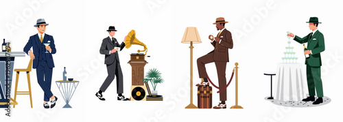 Collection of four dapper men in vintage suits enjoying sophisticated leisure activities like cocktails, music, travel, and champagne celebrations.