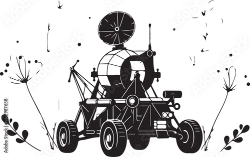 Black silhouette lunar rover with satellite dish on white background with dandelion flowers
