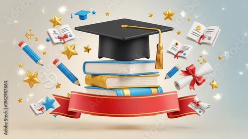 Graduation mortarboard on books with certificates and pencil 3d rendered academic achievement celebration background