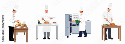 A series of four illustrations depicting professional chefs preparing, glazing, baking, and slicing a gourmet Beef Wellington in a professional kitchen.