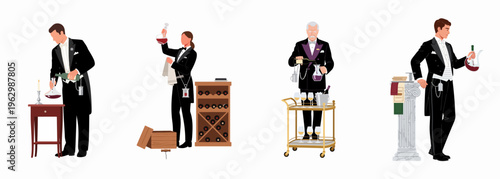Set of elegant sommeliers and butlers in formal tuxedos providing high-end wine service, decanting, and bottle inspection for a sophisticated dining experience.